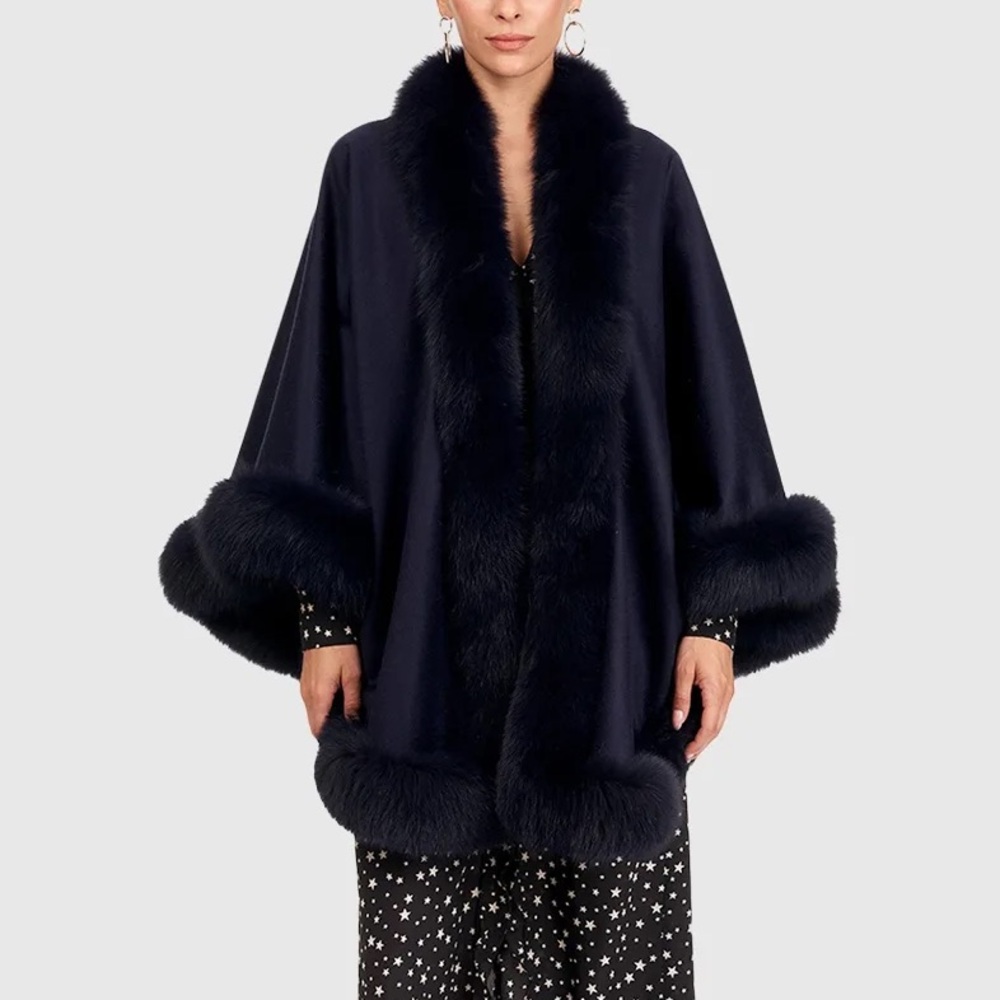 Vintage Black Cashmere and Fur Trim Wrap Cape Coat SUPER WARM One Size/Free Size